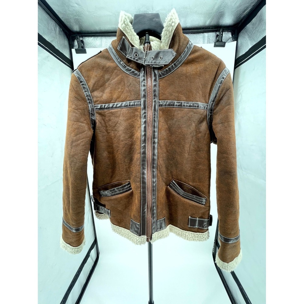 Aowofs Leather Jacket Mens XS Brown Sherpa Lined Confide Nemini Lonewolf Moto